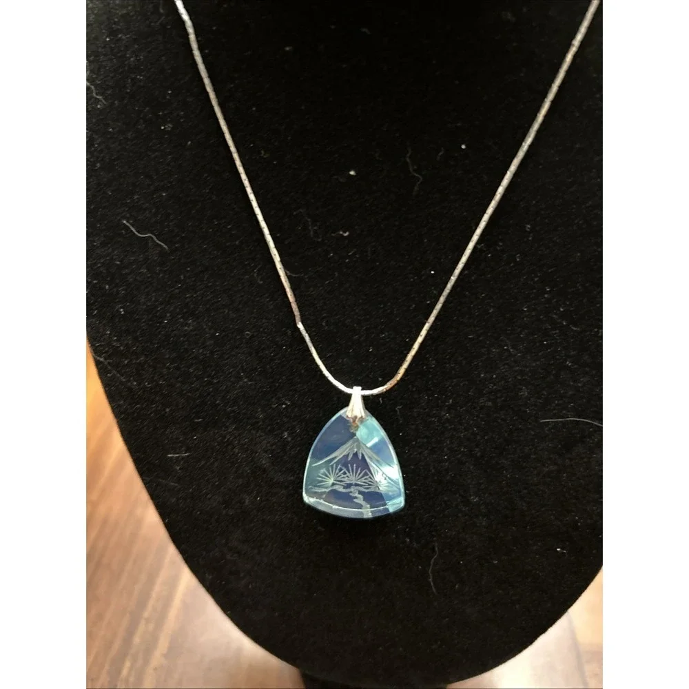 Silver Tone Vintage Necklace Blue Clear‎ Glass Etch Pendant Marked Japan